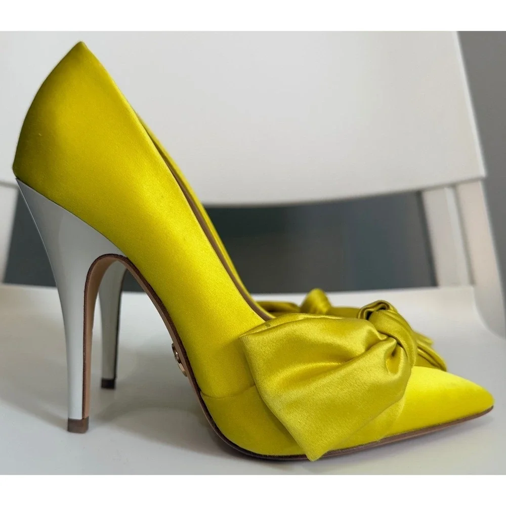 Tory‎ Burch Yellow Satin Bow Pointed Toe Pumps White Stiletto Heels Womens 5.5